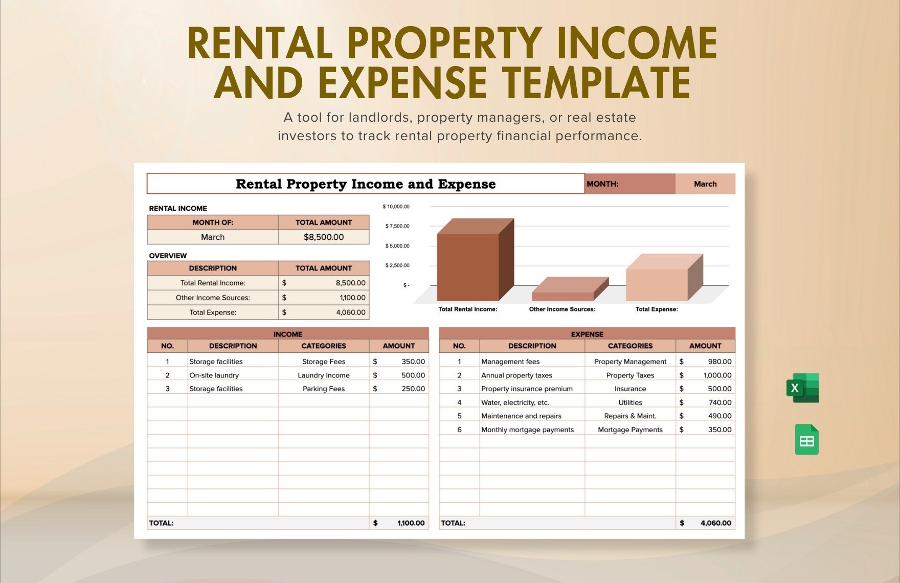 Rental property Income and Expense Template in Excel, Google Sheets