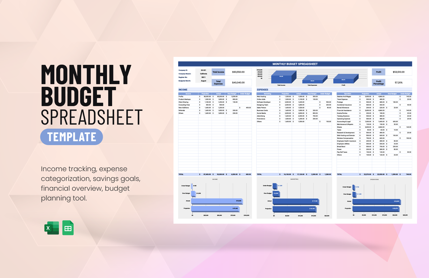 Monthly Budget Spreadsheet Template in Excel, Google Sheets