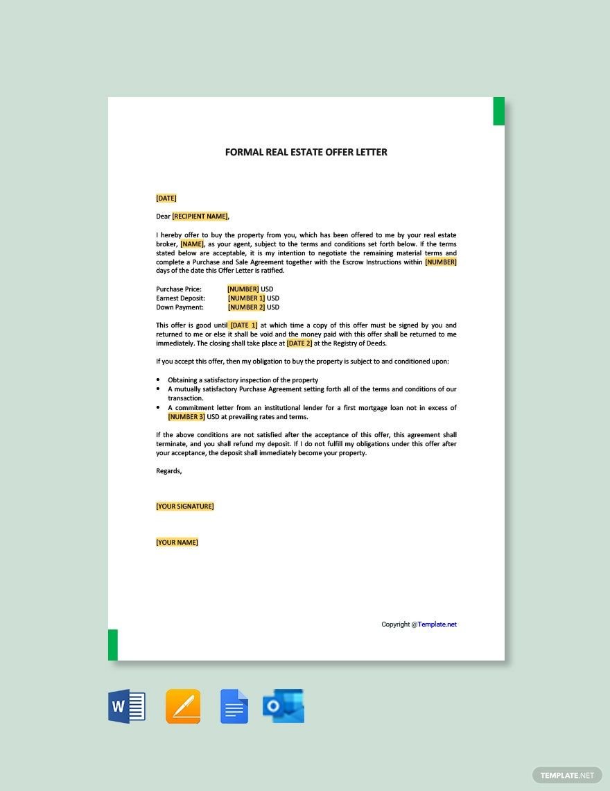 Formal Real Estate Offer Letter in Word, Google Docs, PDF, Apple Pages, Outlook