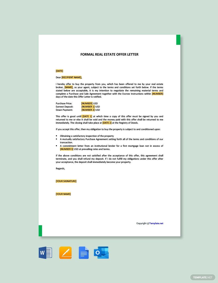 Formal Real Estate Offer Letter in Word, Google Docs, PDF, Apple Pages, Outlook