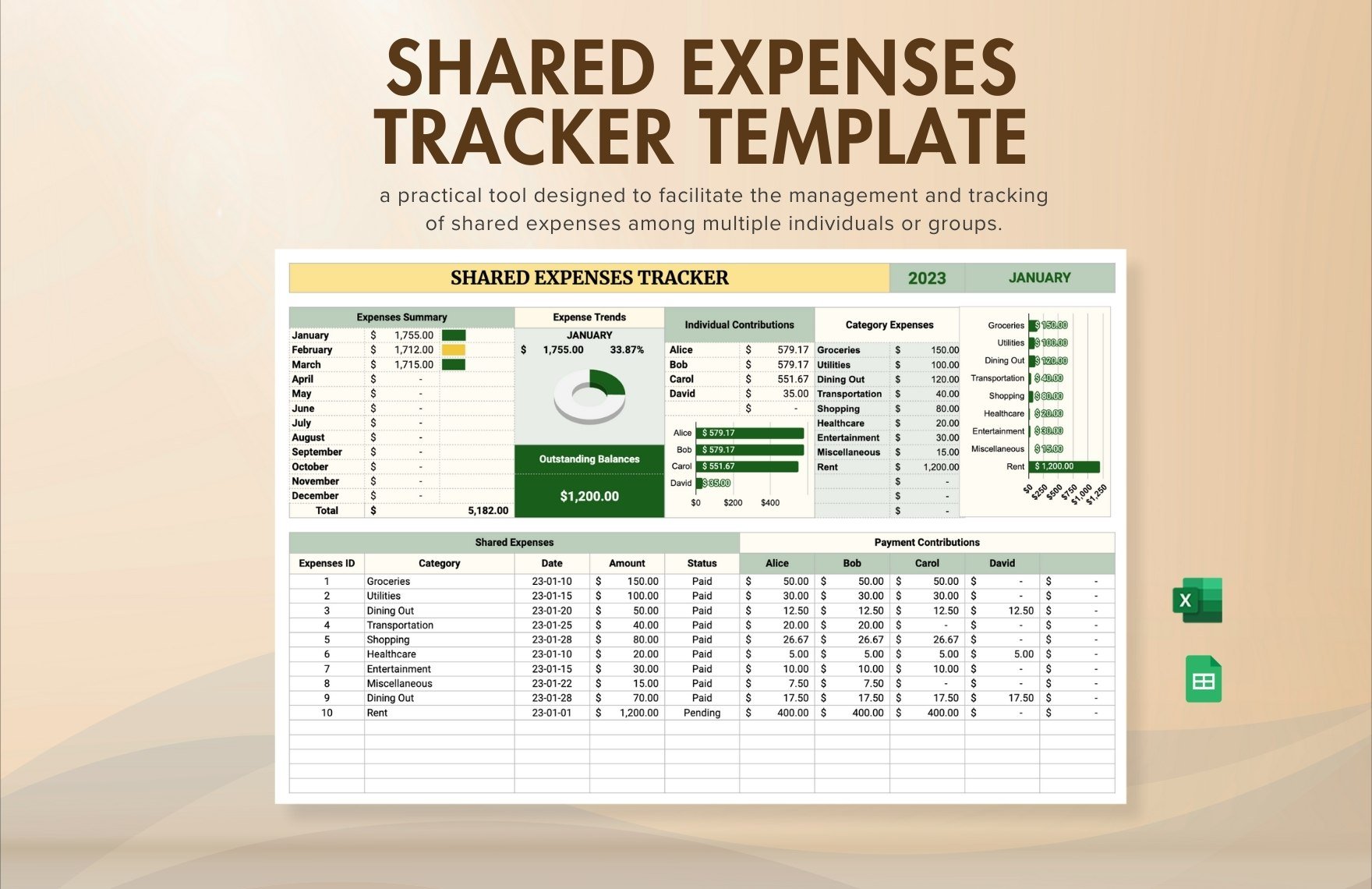 Shared Expenses Tracker Template in Excel, Google Sheets