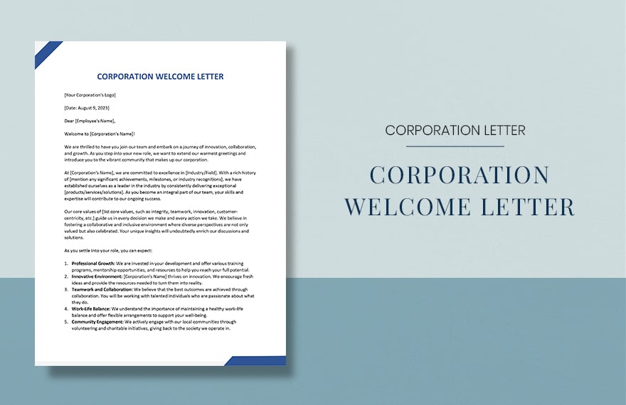 Corporation Welcome Letter