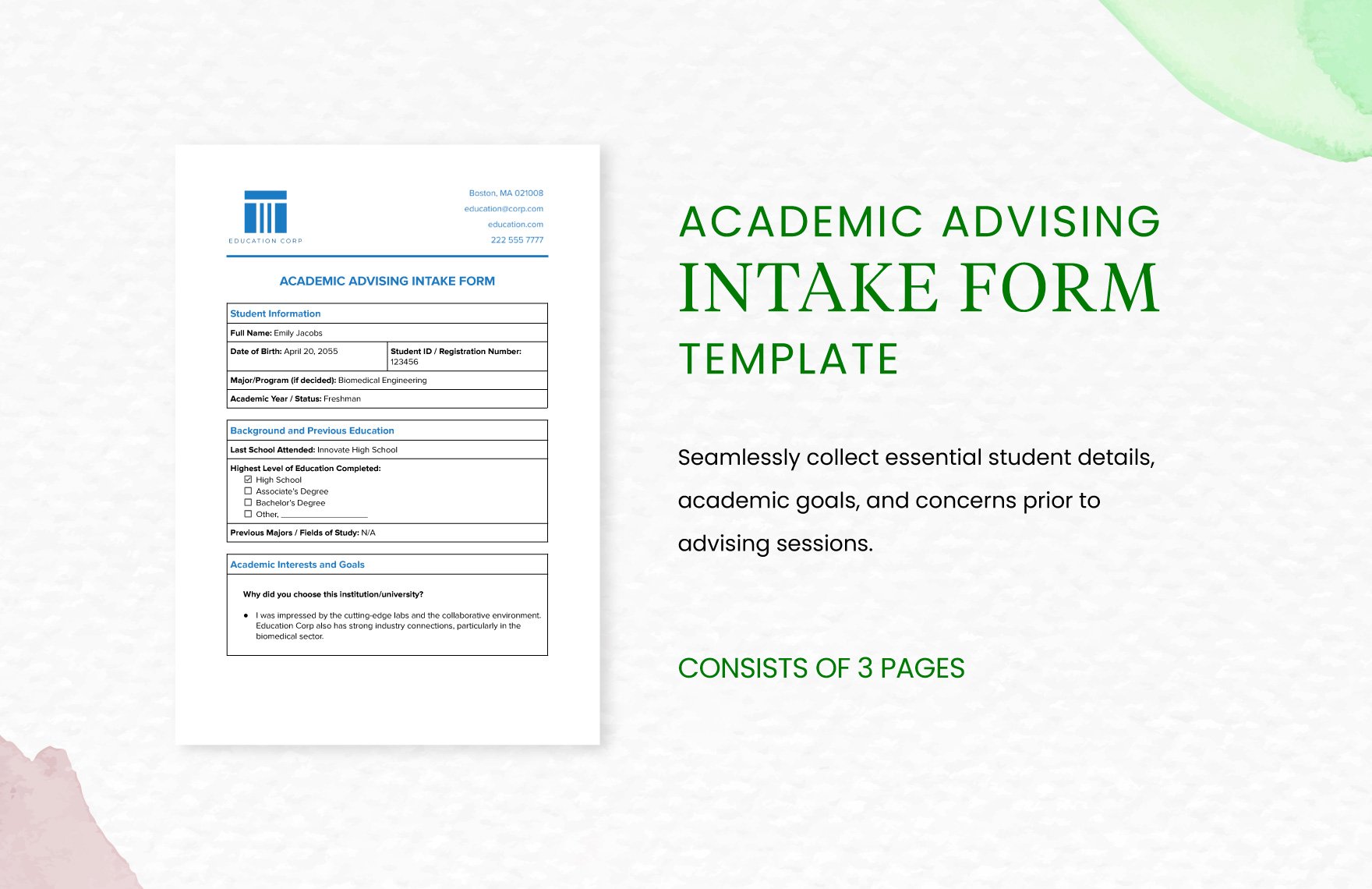Academic Advising Intake Form Template