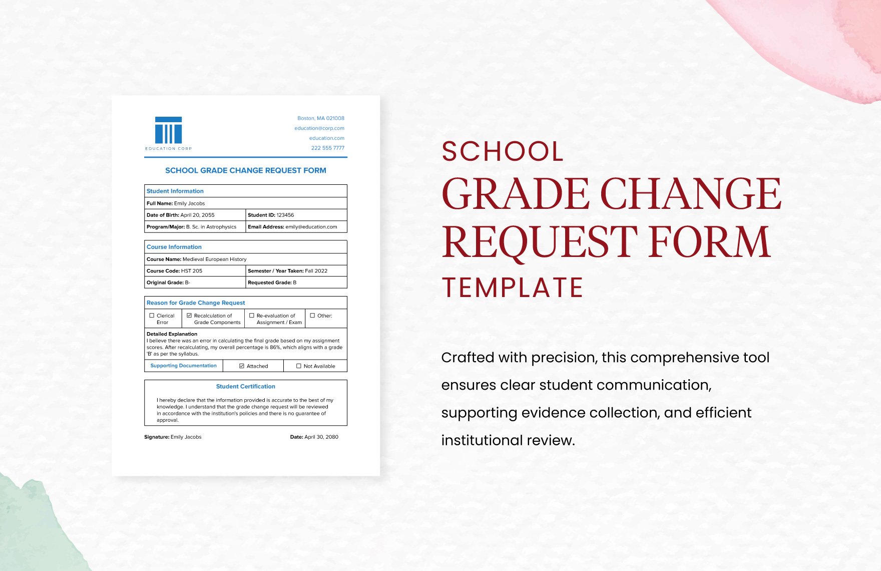 School Grade Change Request Form Template