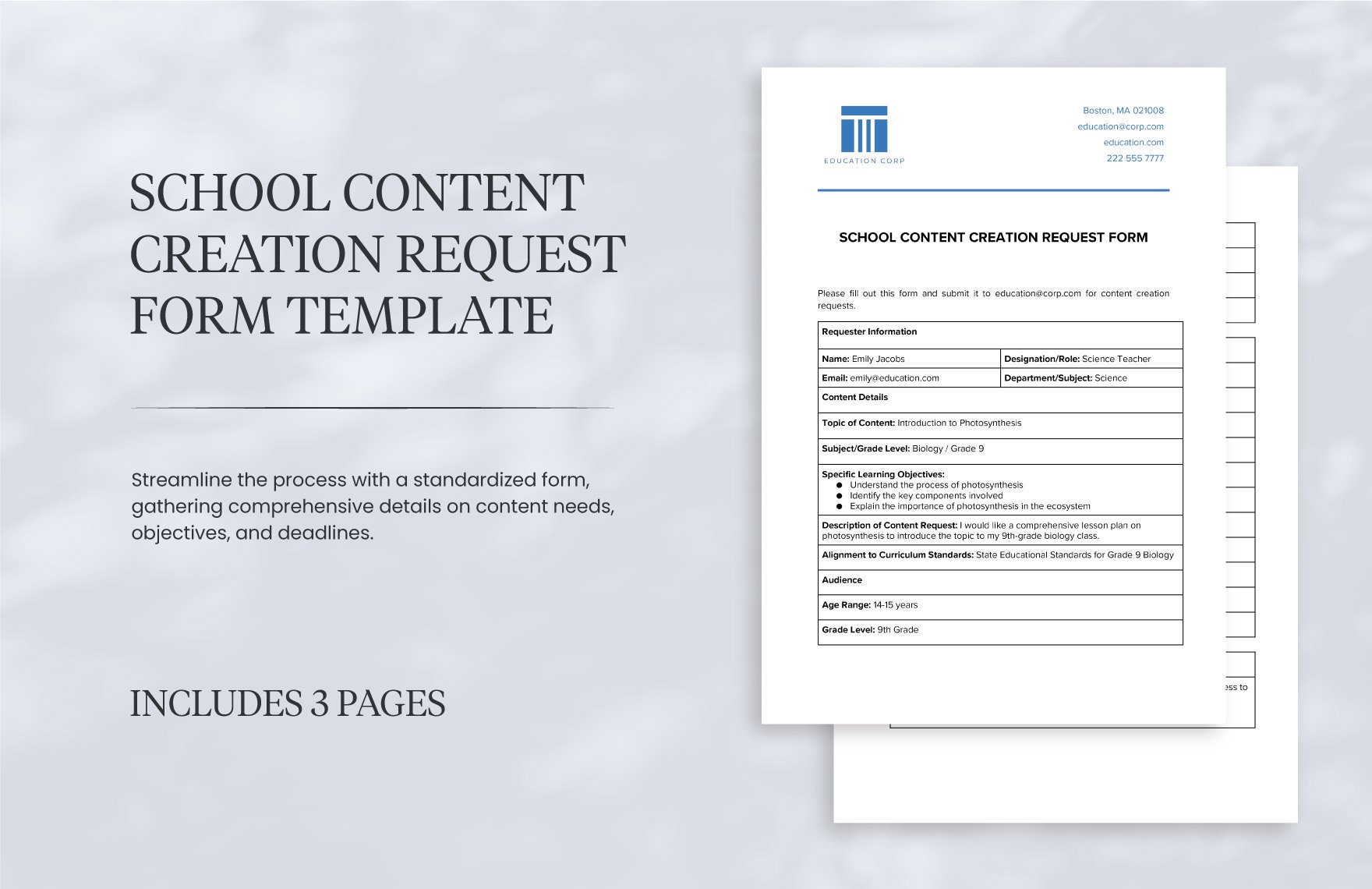 School Content Creation Request Form Template