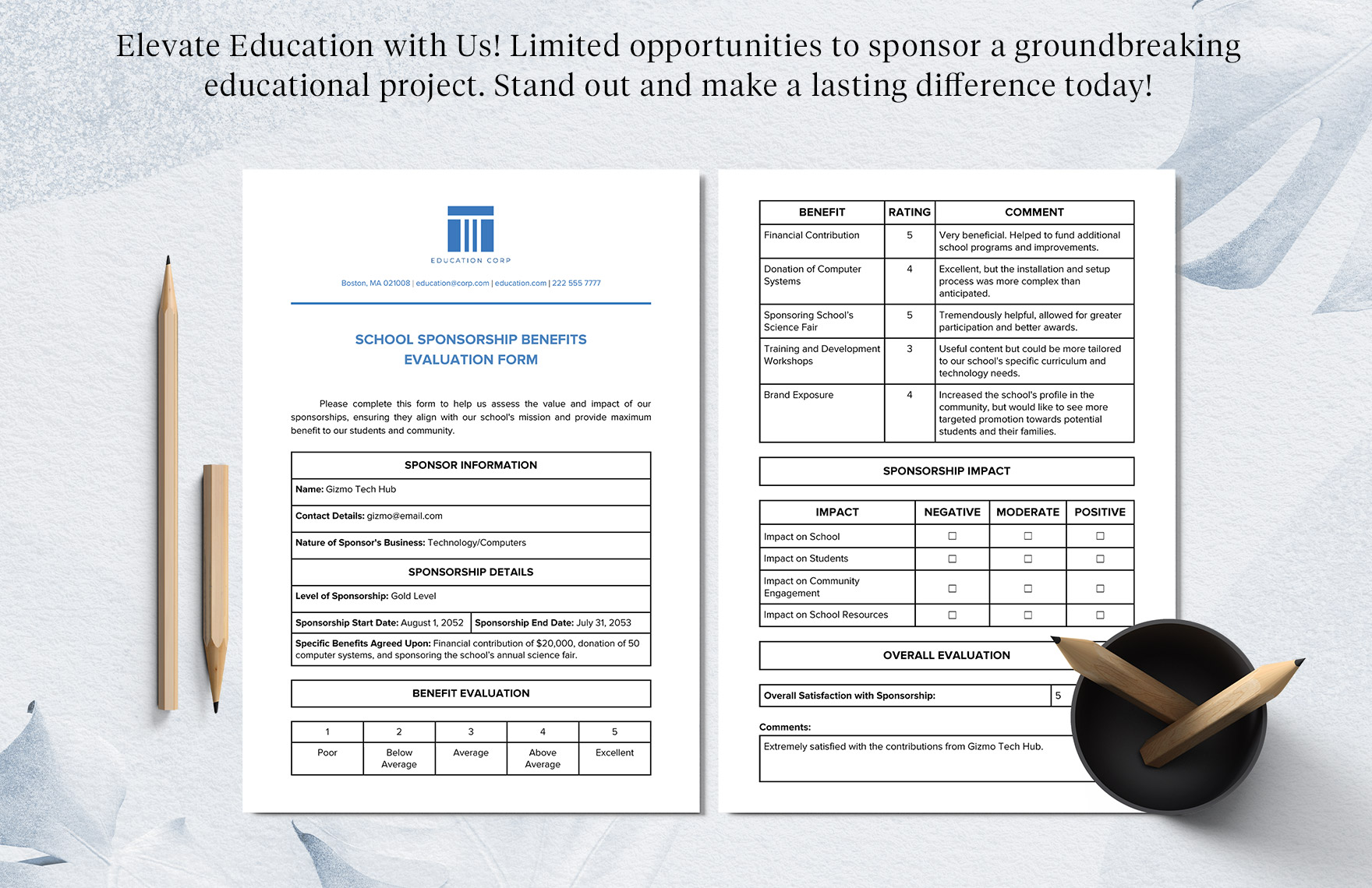 School Sponsorship Benefits Evaluation Form Template
