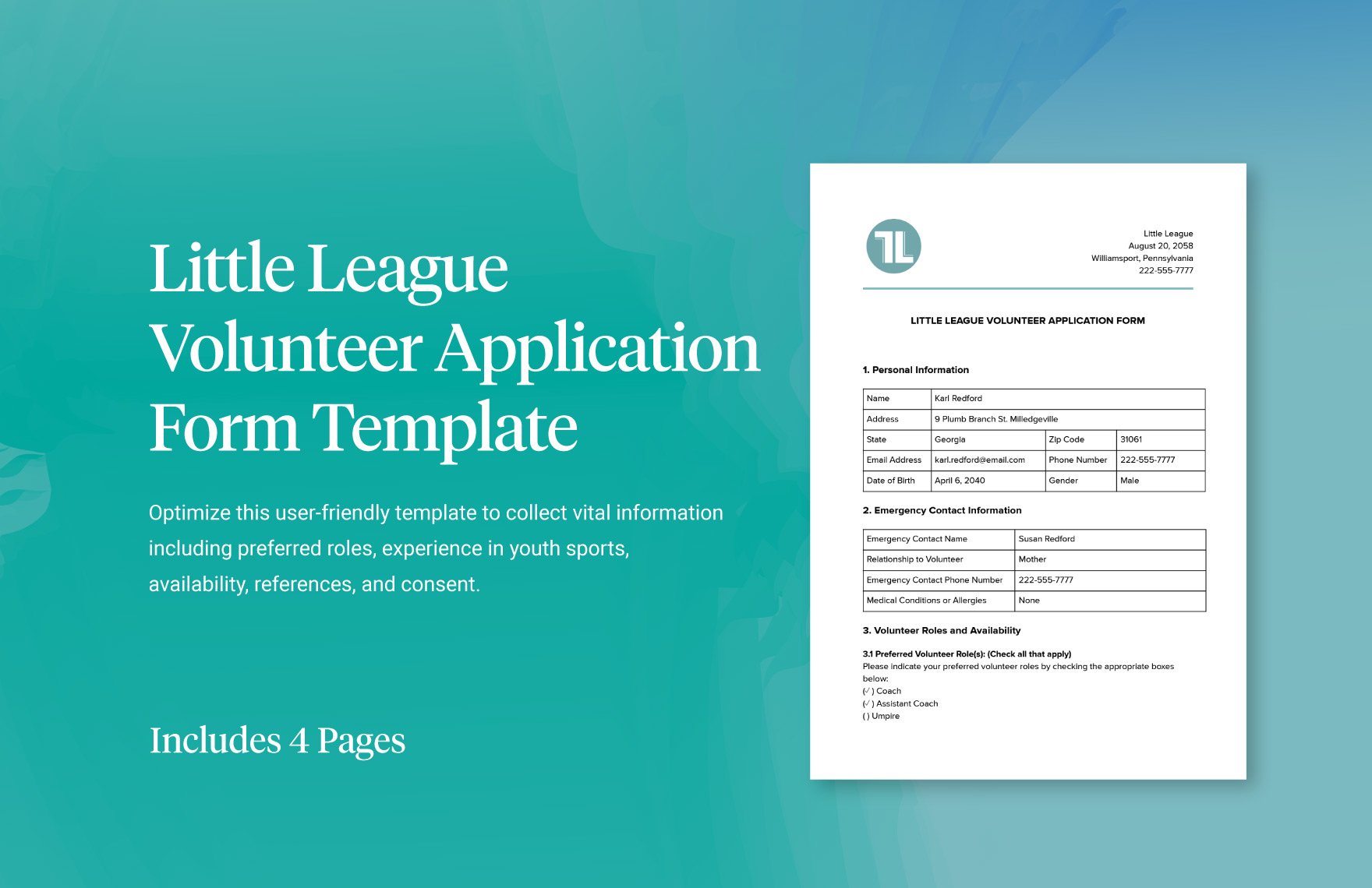 Little League Volunteer Application Form Template
