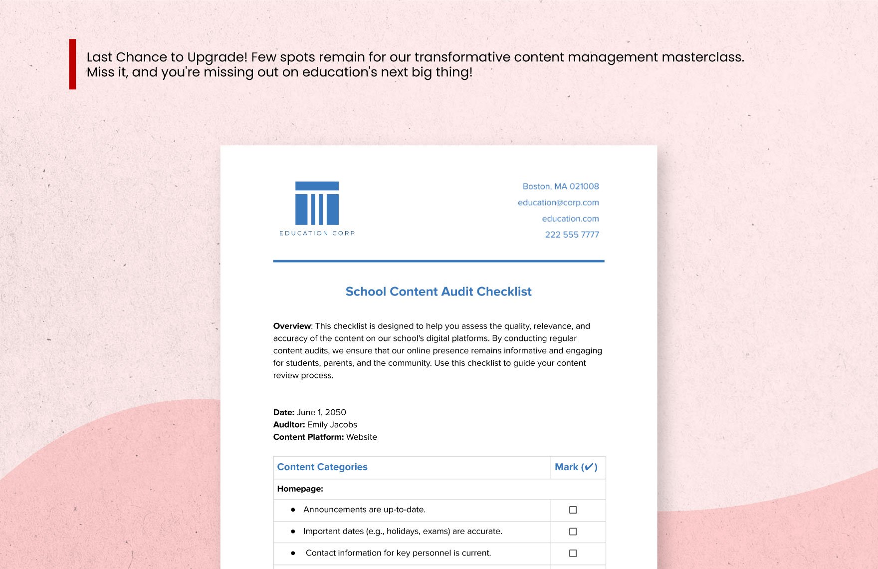 School Content Audit Checklist Template