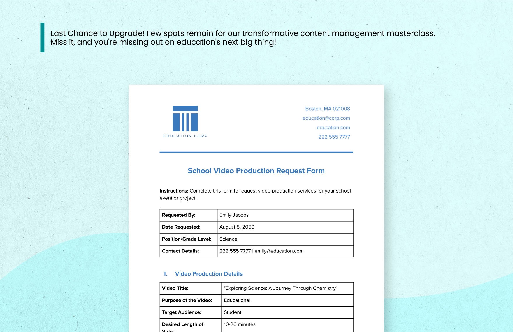 School Video Production Request Form Template