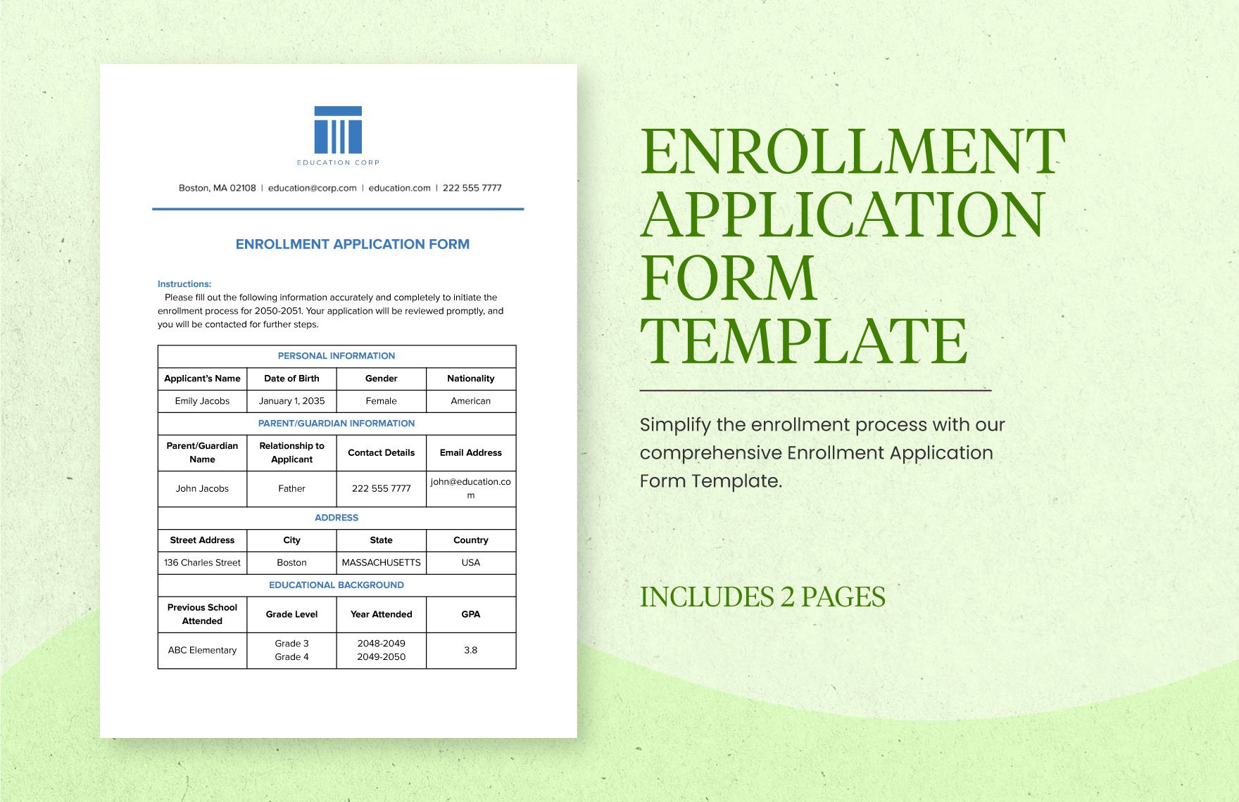 Enrollment Application Form Template  in Word, Google Docs, PDF
