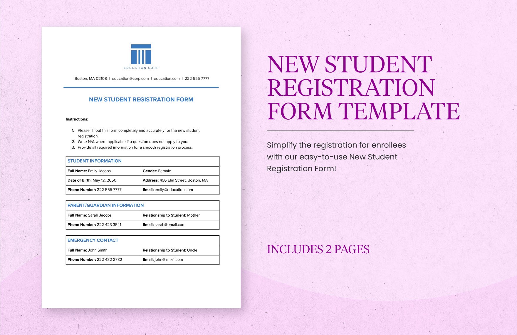 New Student Registration Form Template