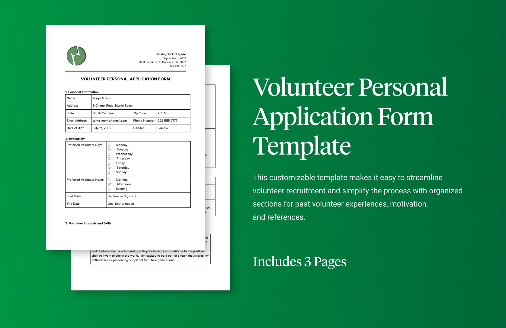 Volunteer Personal Application Form Template