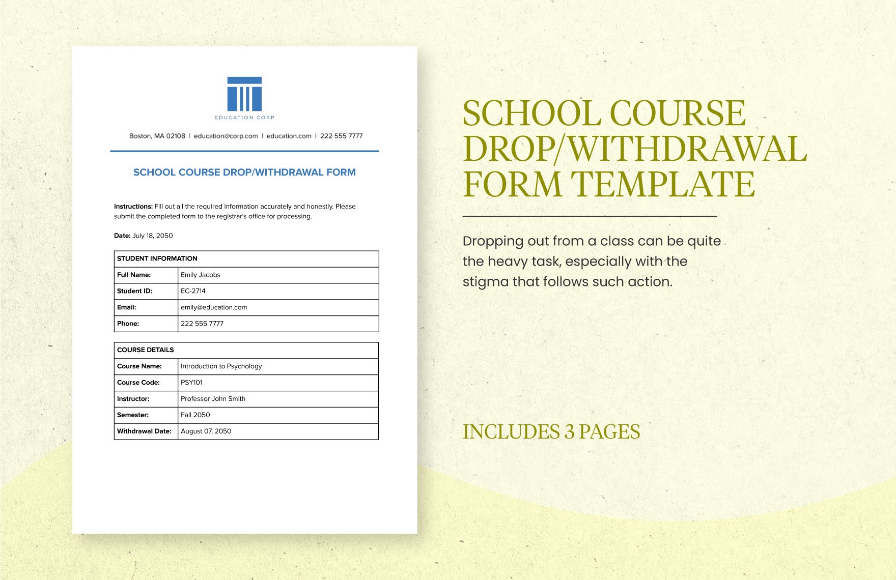 School Course Drop/Withdrawal Form Template