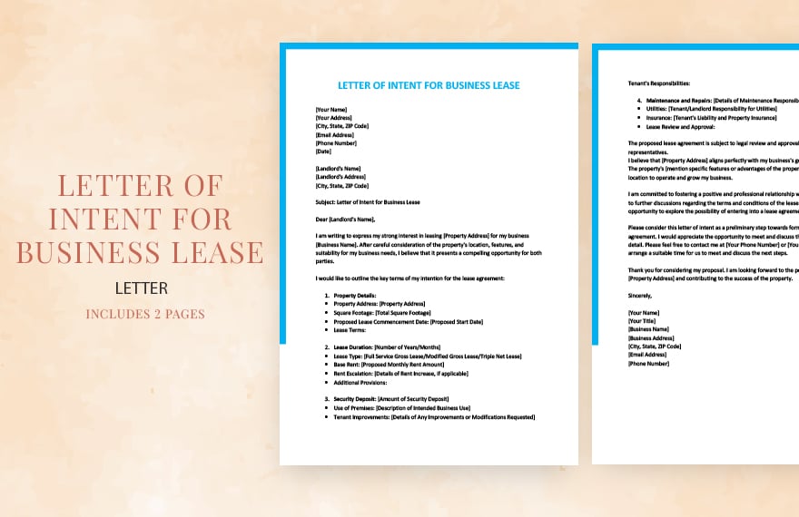 Letter of intent for business lease in Word, Google Docs