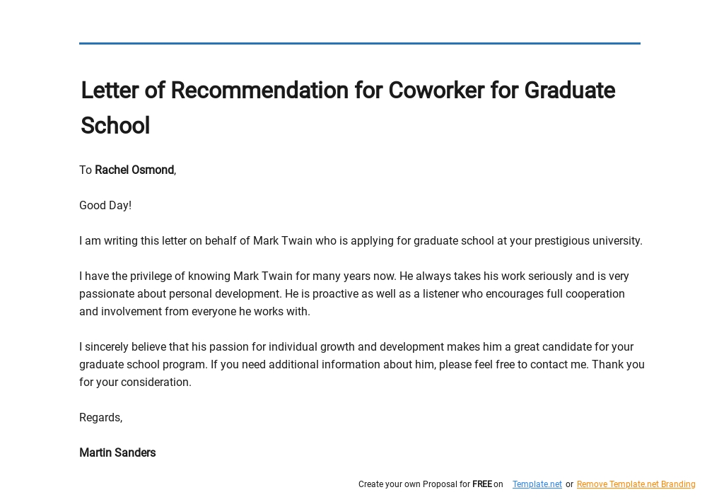 Free Letter of Recommendation for Coworker for Graduate School Template - Google Docs, Word