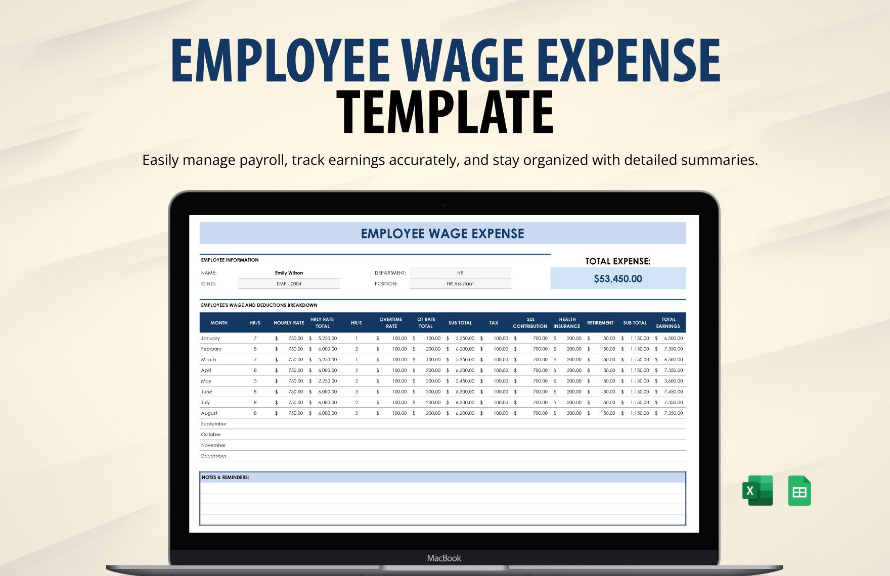 Employee Wage Expense Template in Excel, Google Sheets
