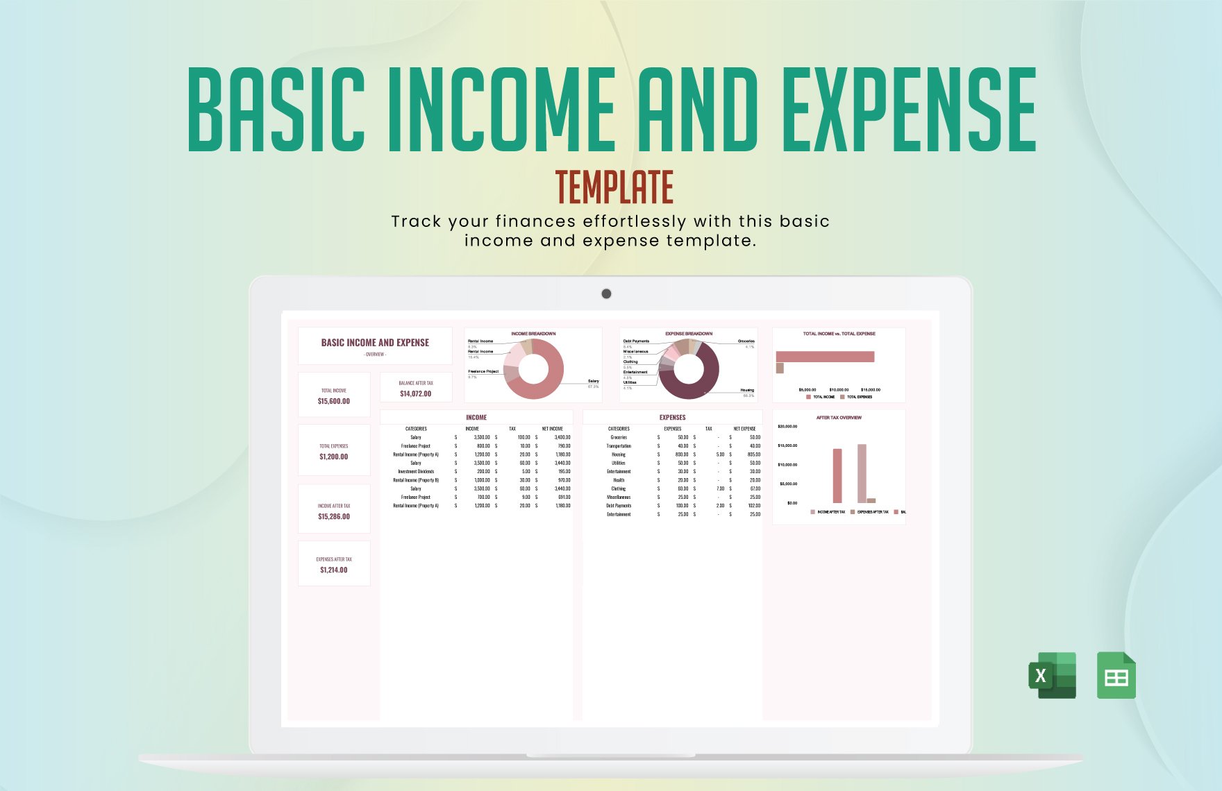 Basic income and expense template in Excel, Google Sheets