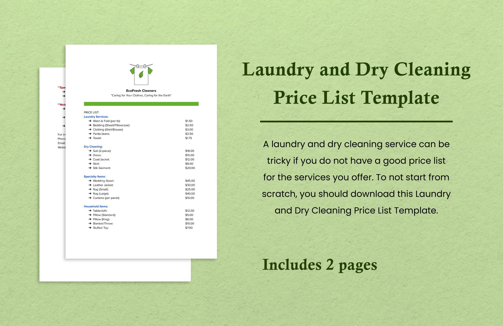 Laundry and Dry Cleaning Price List Template