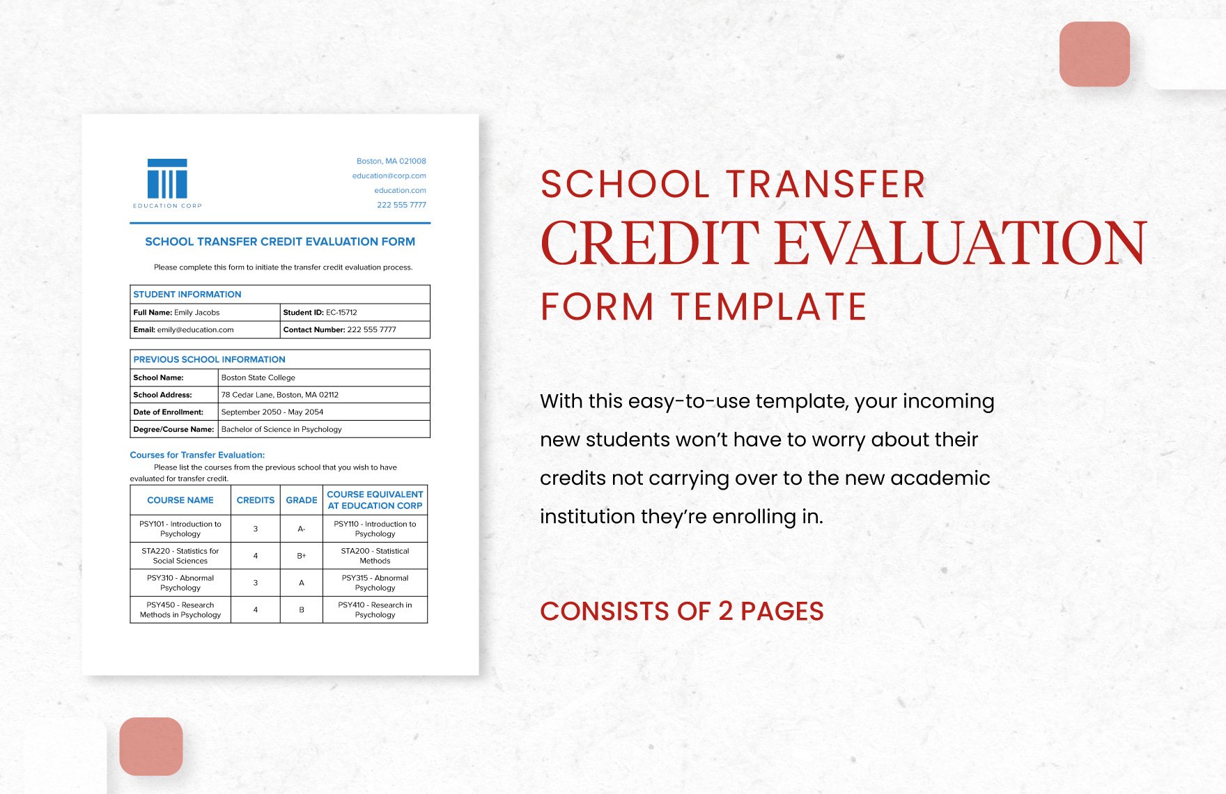 School Transfer Credit Evaluation Form Template