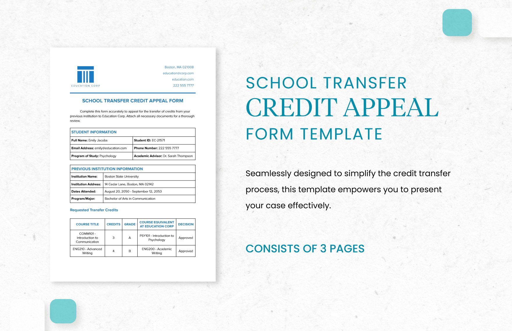 School Transfer Credit Appeal Form Template