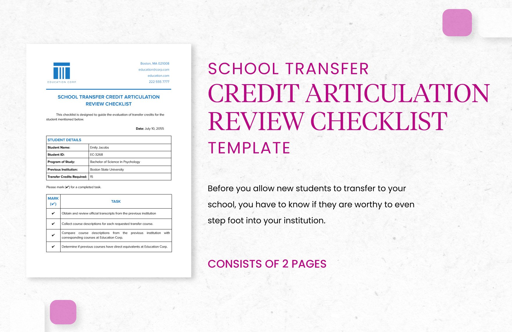 School Transfer Credit Articulation Review Checklist Template