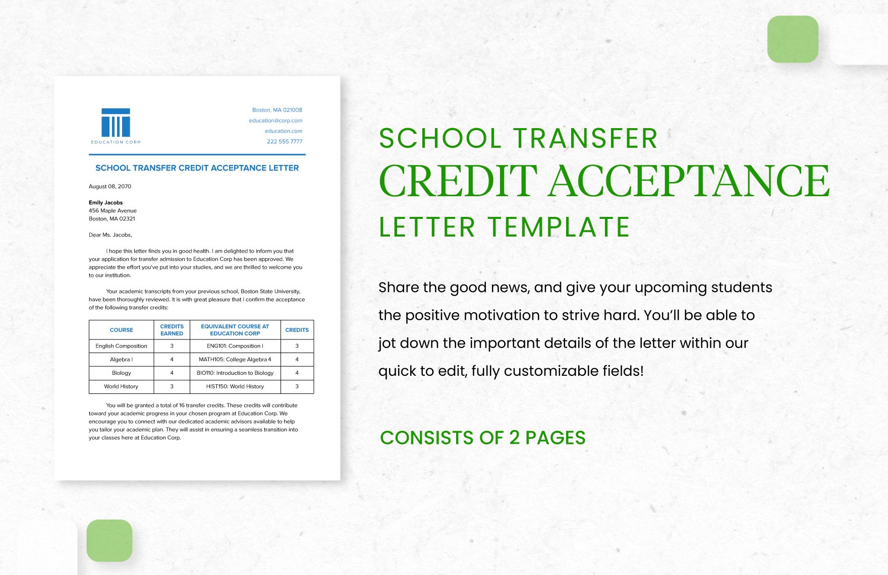 School Transfer Credit Acceptance Letter Template