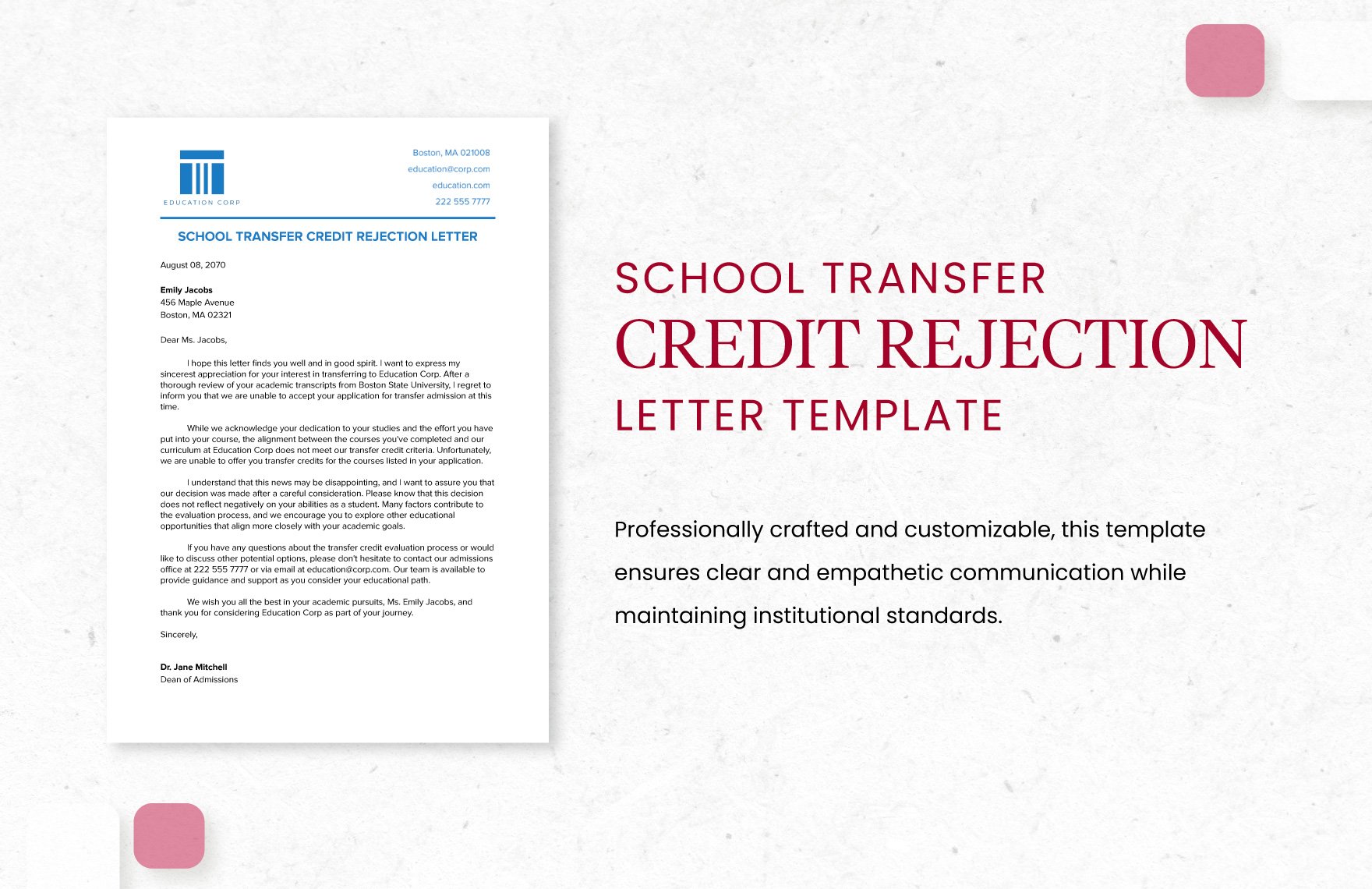 School Transfer Credit Rejection Letter Template in Word, Google Docs, PDF