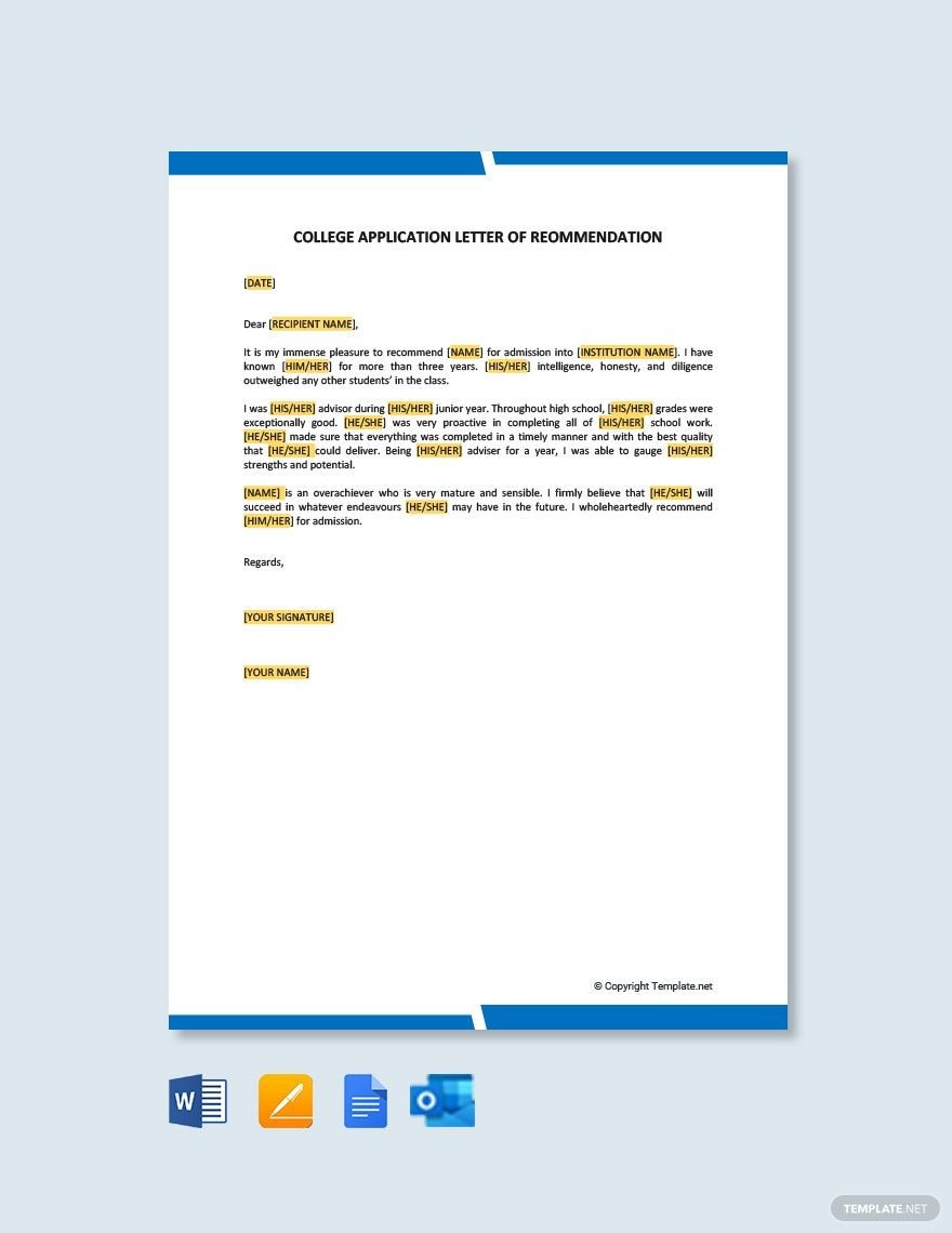 Free College Application Letter of Recommendation Template