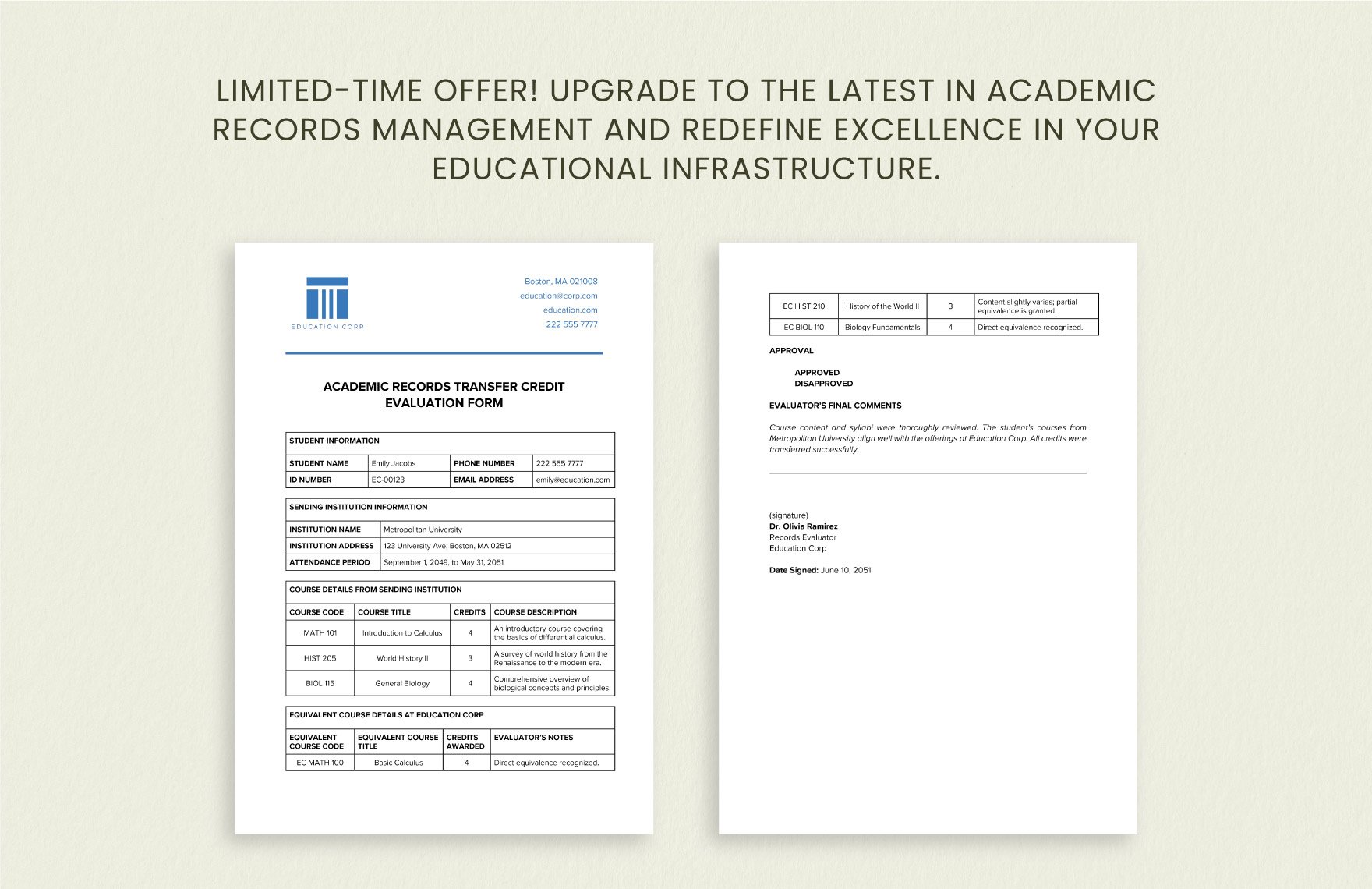 Academic Records Transfer Credit Evaluation Form Template