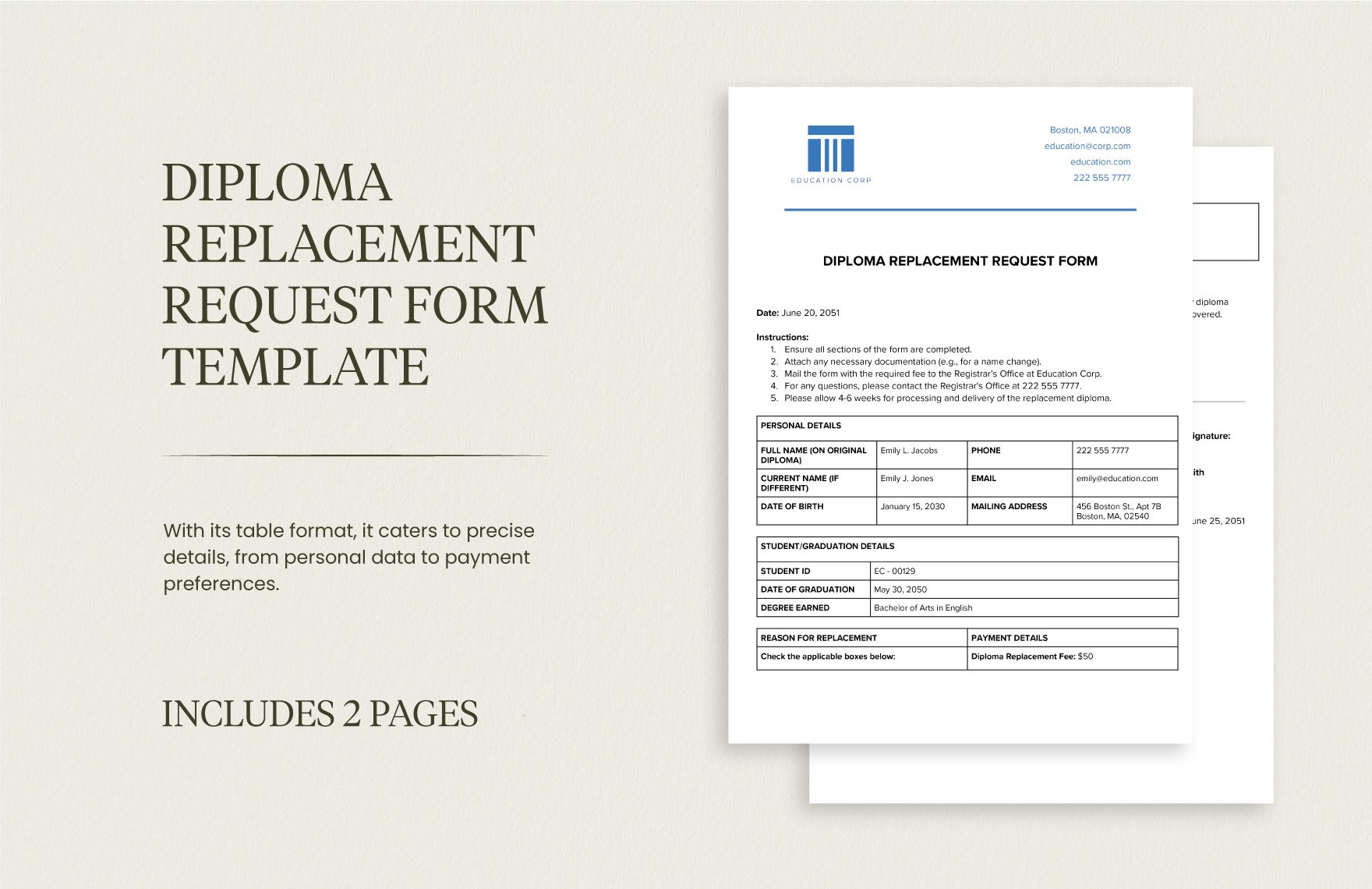 Diploma Replacement Request Form Template in Word, Google Docs, PDF