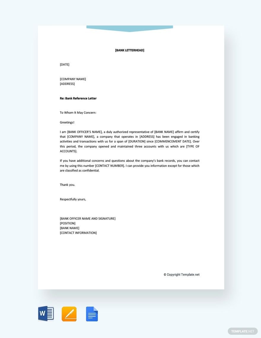 Bank Reference Letter for Company in Word, Google Docs, PDF, Apple Pages