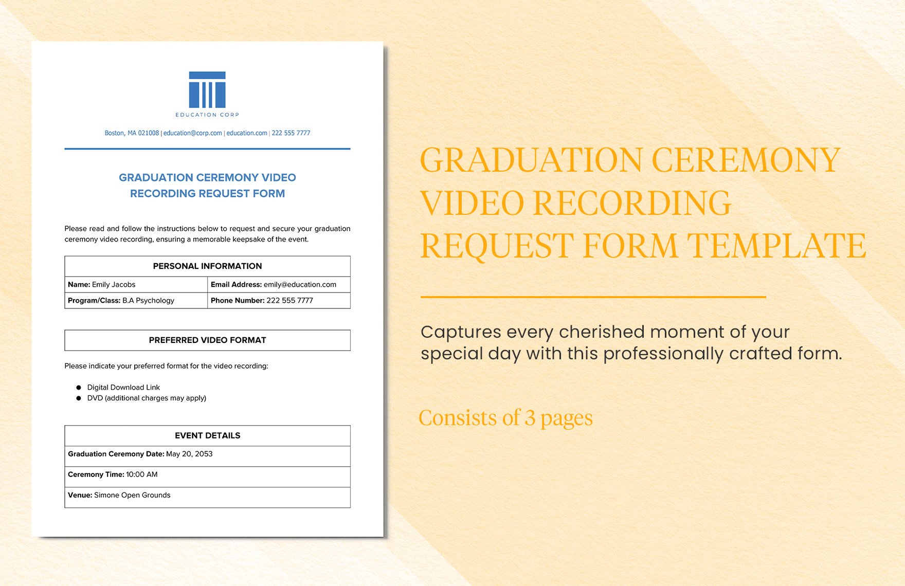 Graduation Ceremony Video Recording Request Form Template in Word, Google Docs, PDF