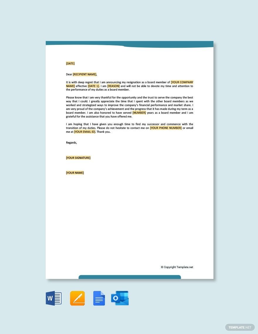 Board Membership Resignation Letter in Word, Google Docs, PDF, Apple Pages, Outlook