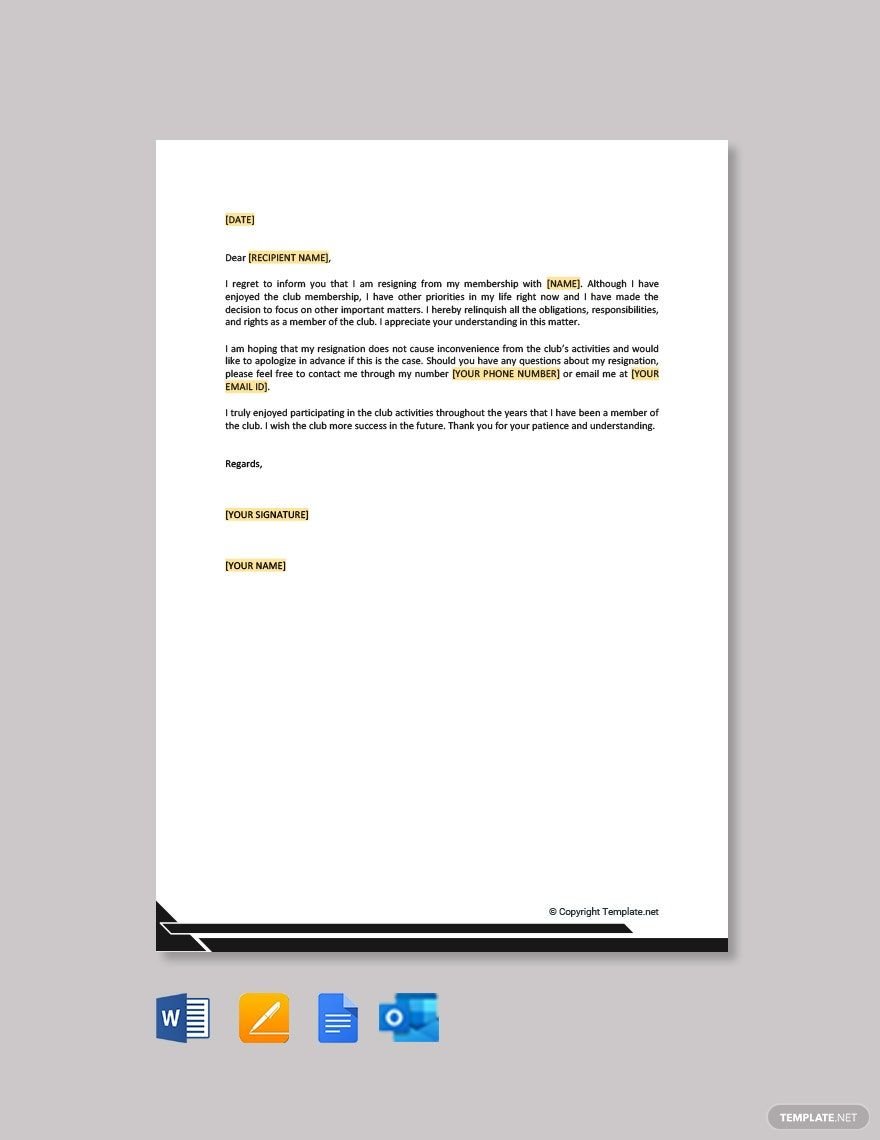 Club Membership Resignation Letter in Word, Google Docs, PDF, Apple Pages, Outlook