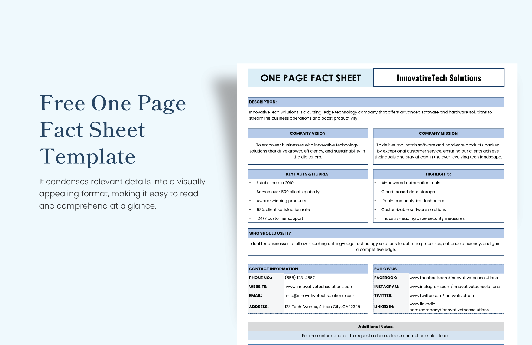 Free One Page Fact Sheet Template in Excel, Google Sheets