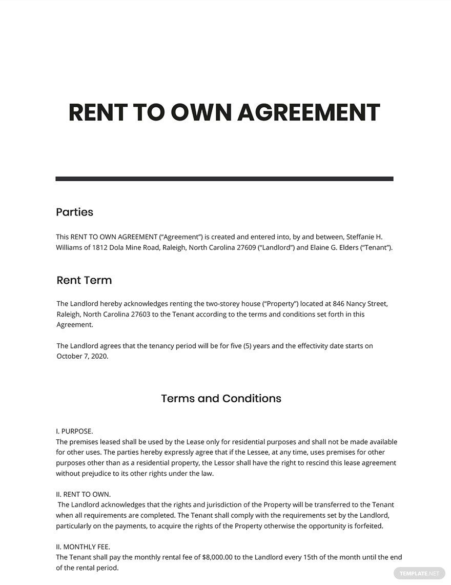 Rent To Own Agreement Sample Template