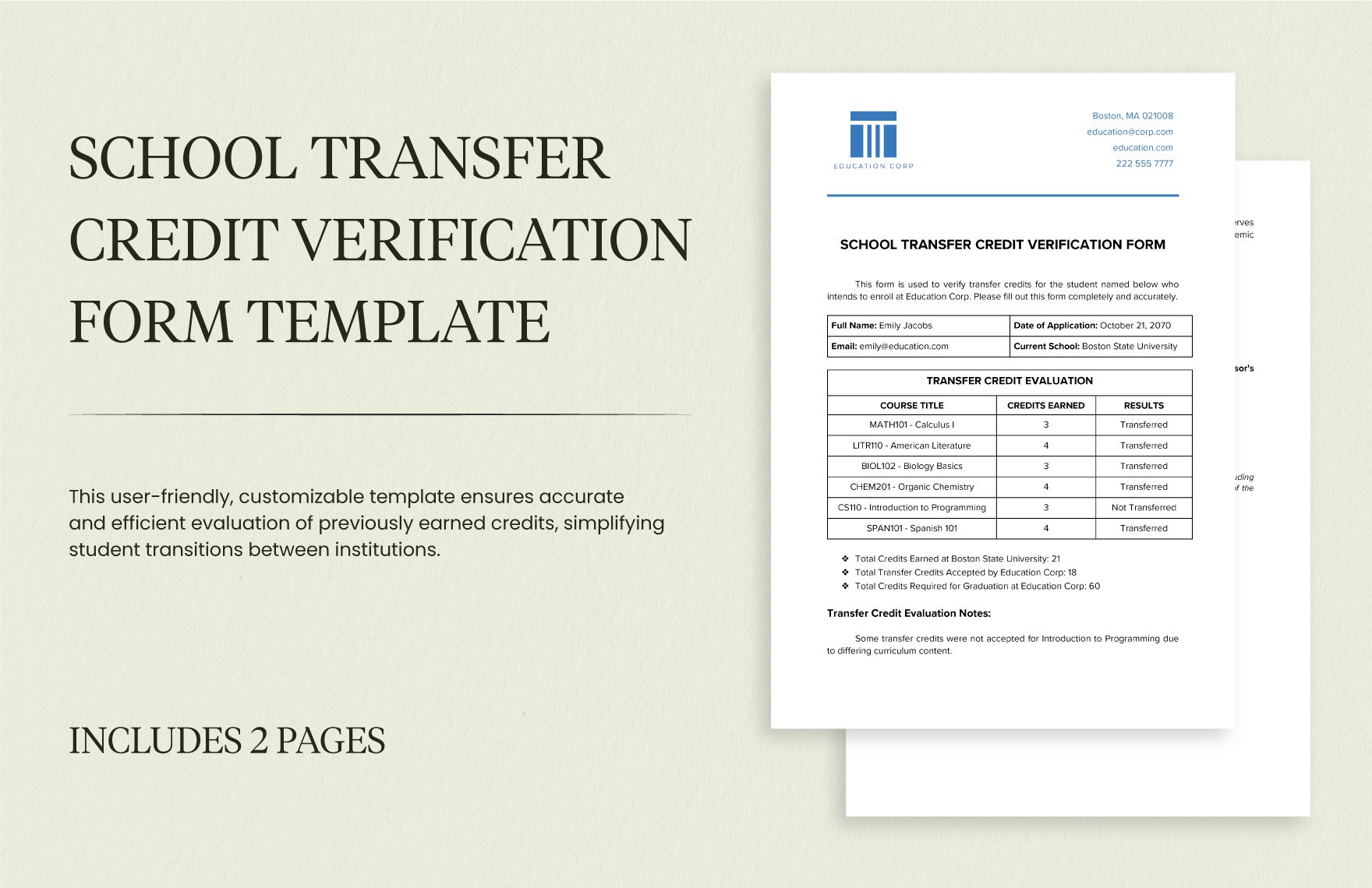 School Transfer Credit Verification Form Template