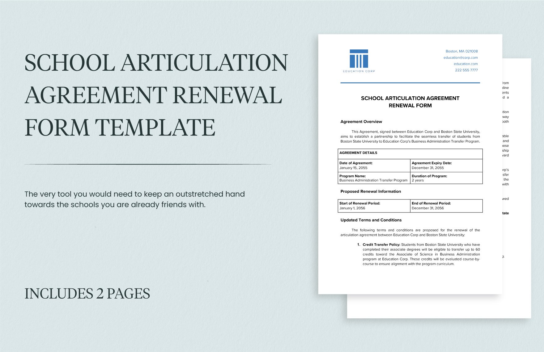 School Articulation Agreement Renewal Form Template in Word, Google Docs, PDF