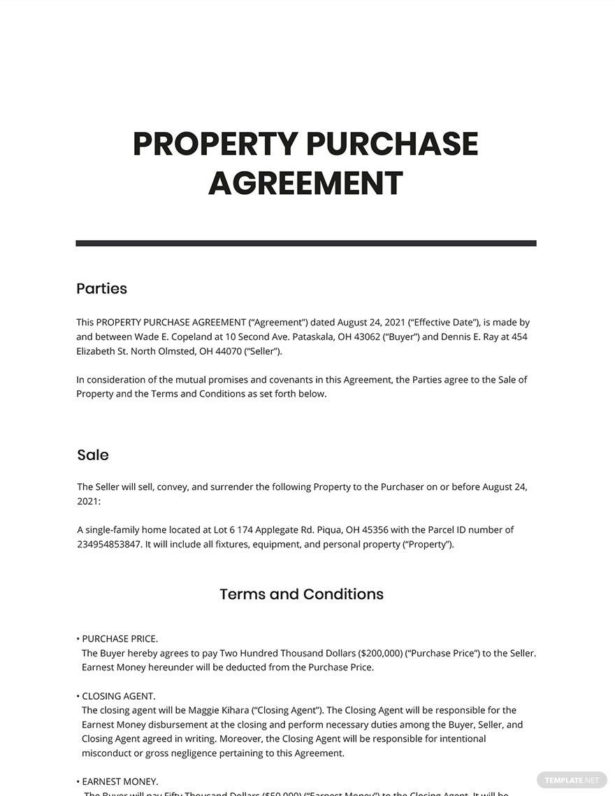 Property Purchase Agreement Sample Template