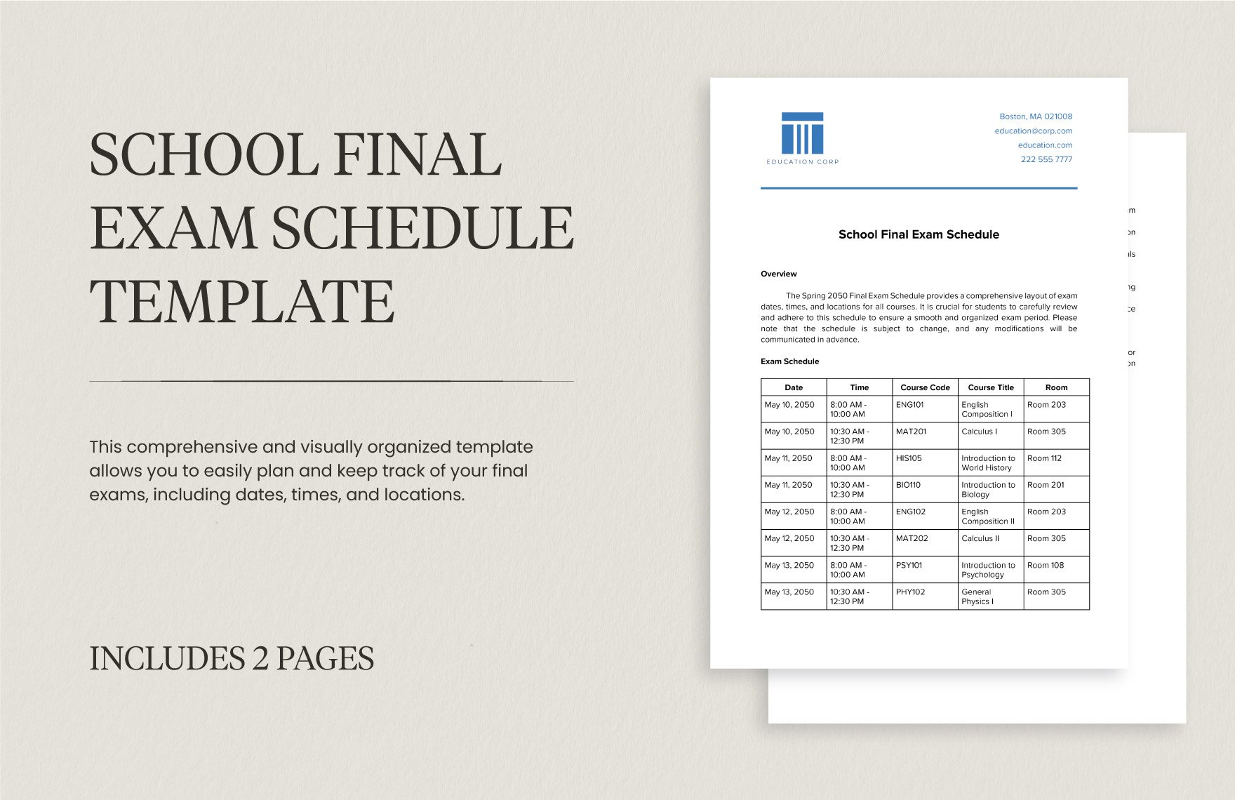 School Final Exam Schedule Template