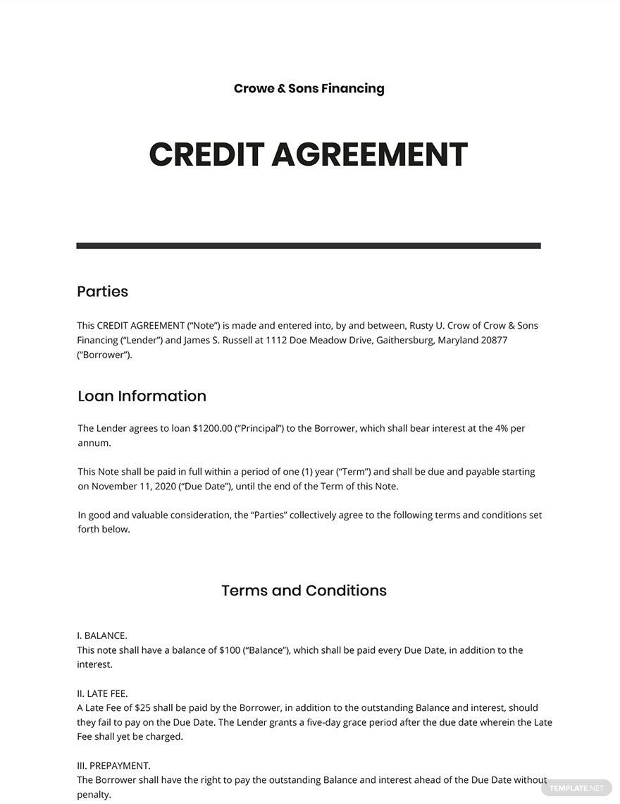 Credit Agreement Sample Template