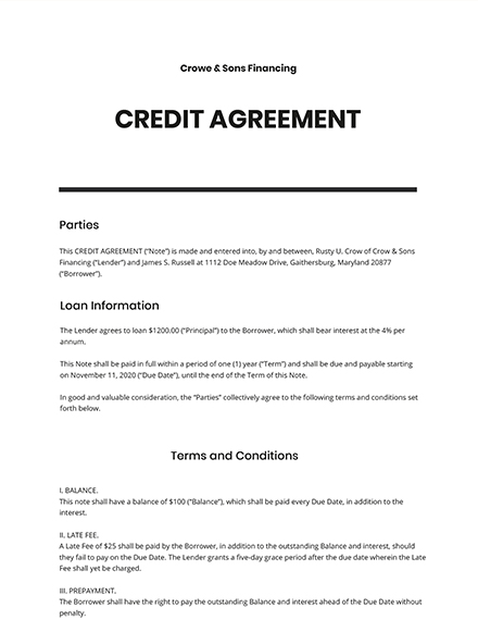 Credit Agreement Sample Template Google Docs Word Apple Pages Template Net