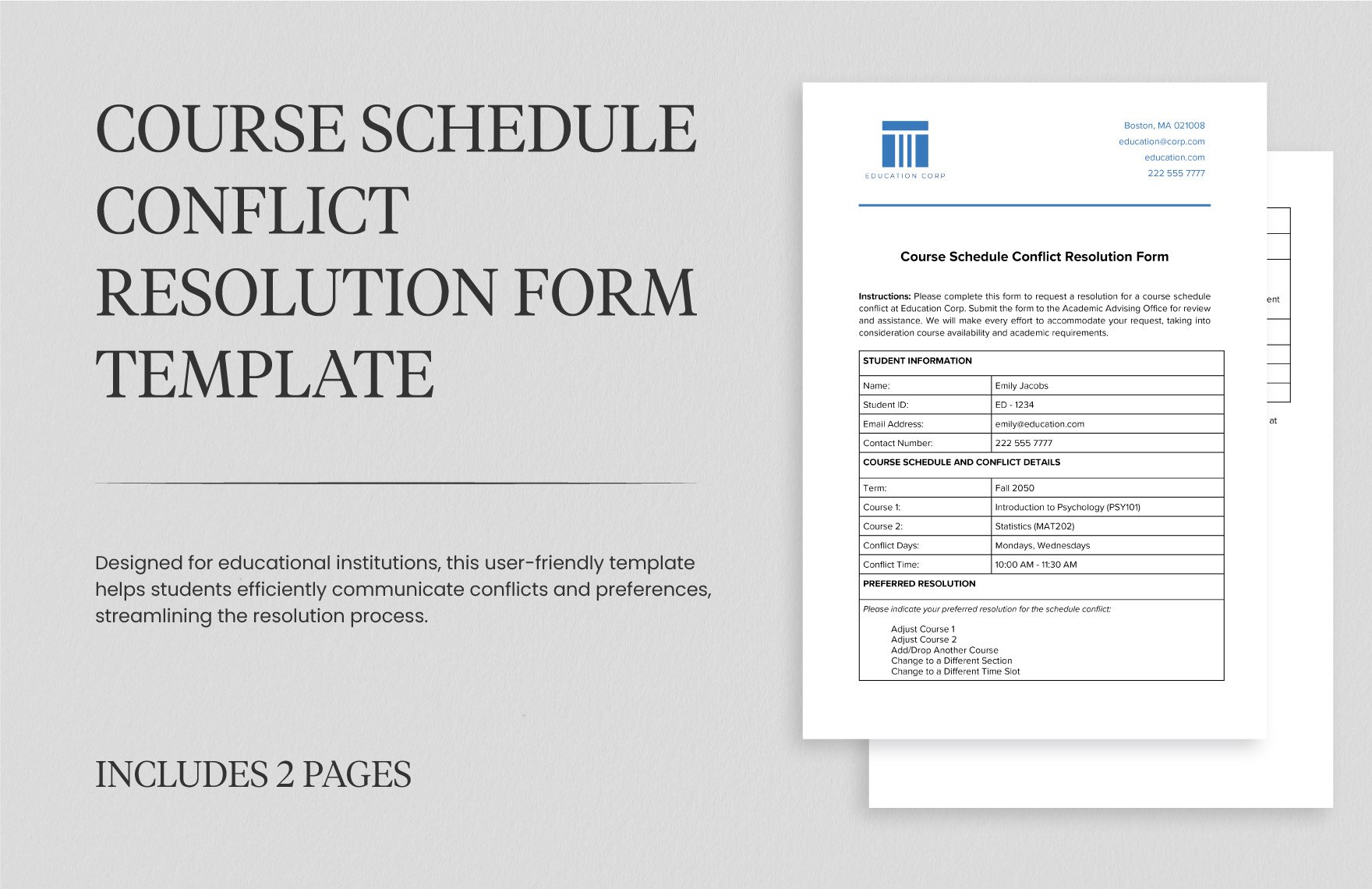 Course Schedule Conflict Resolution Form Template in Word, Google Docs, PDF