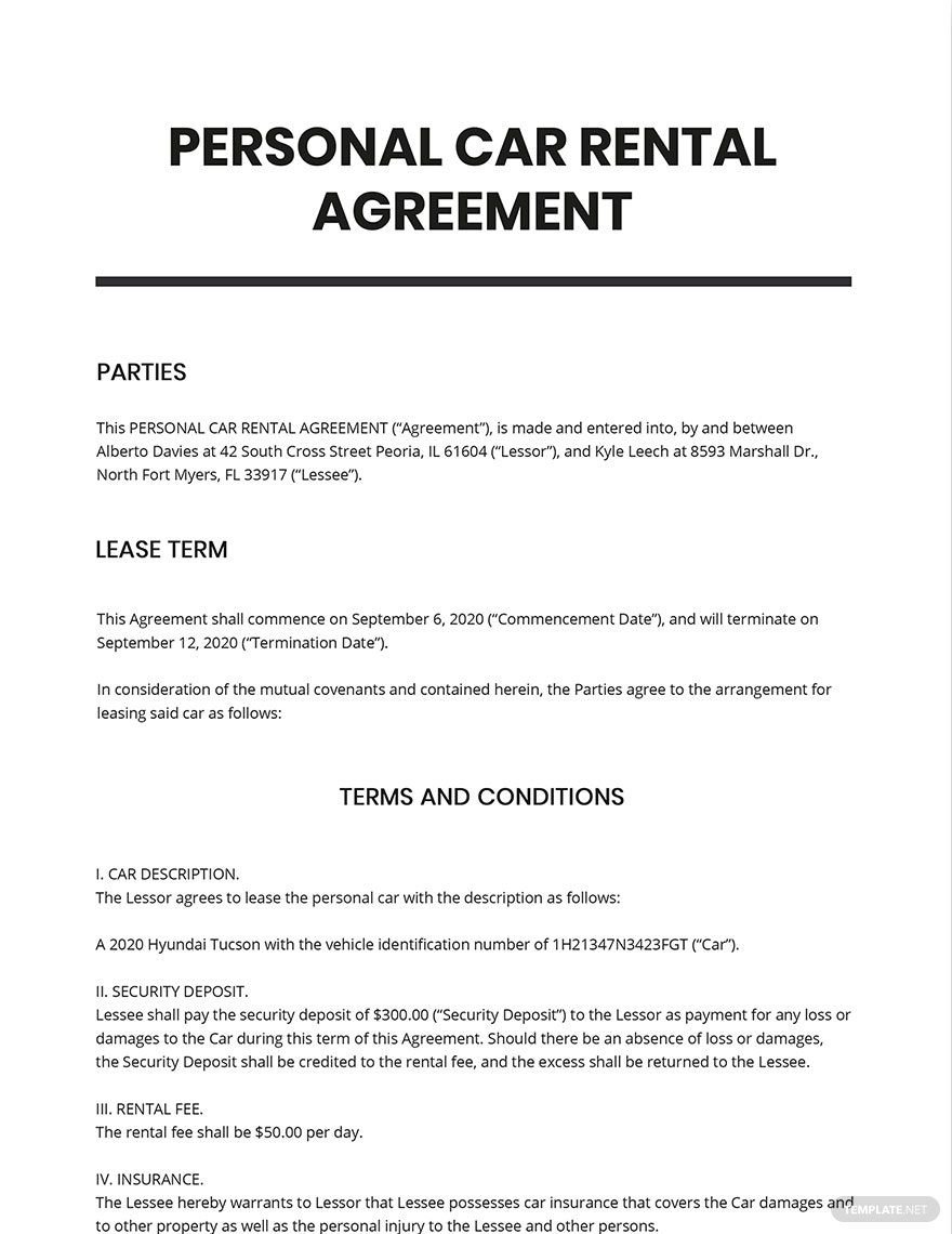 Personal Car Rental Agreement Template
