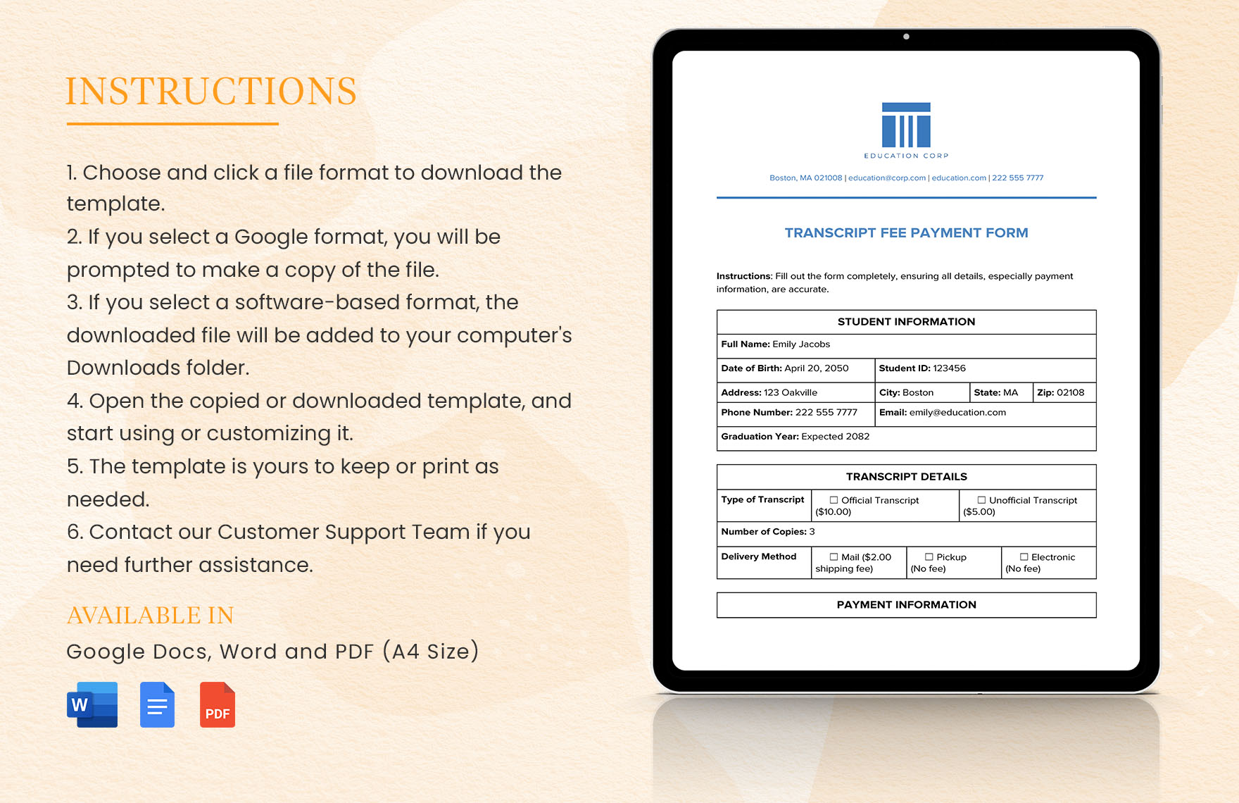 Transcript Fee Payment Form Template