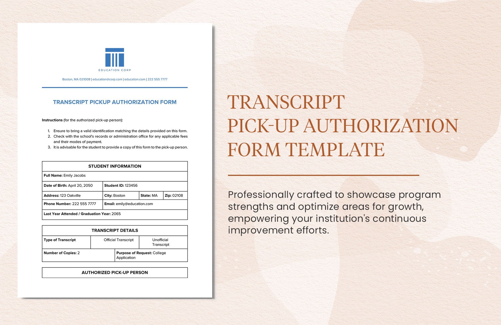 Transcript Pick-up Authorization Form Template