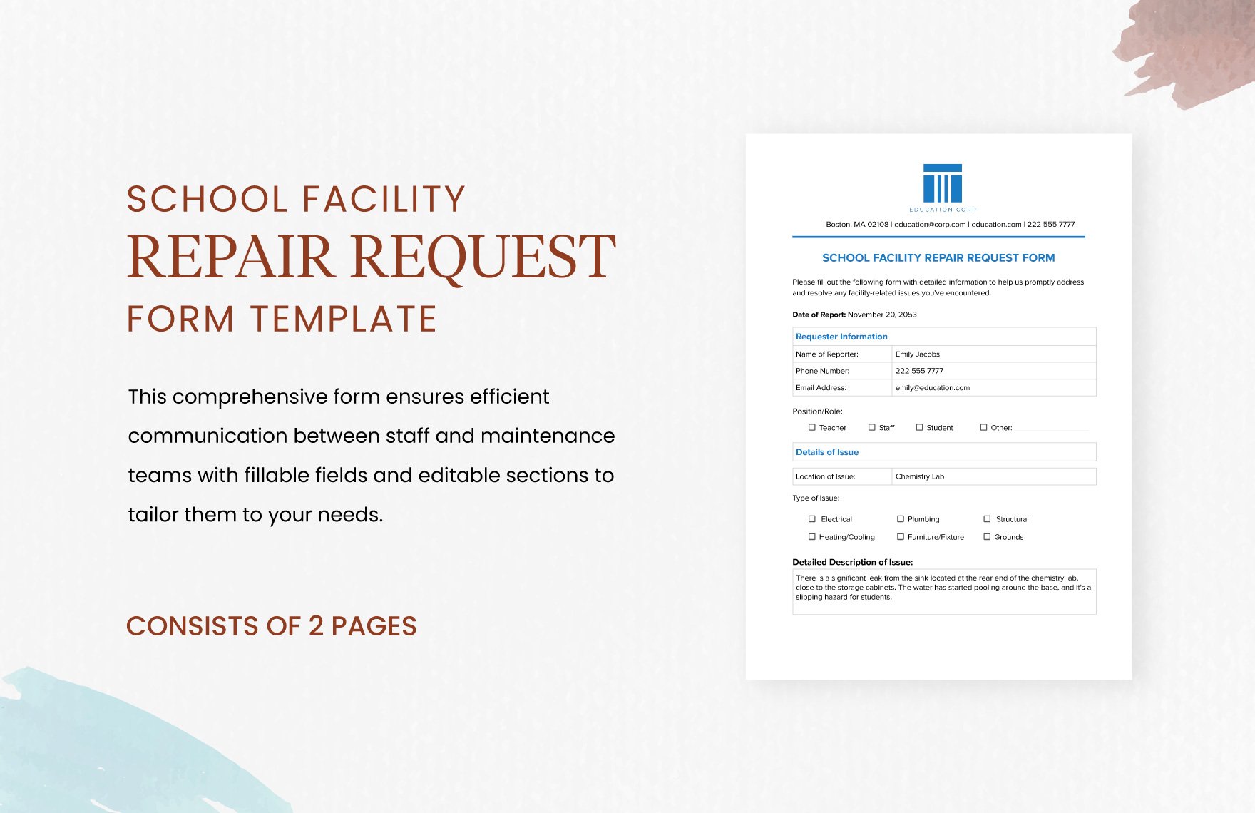 School Facility Repair Request Form Template