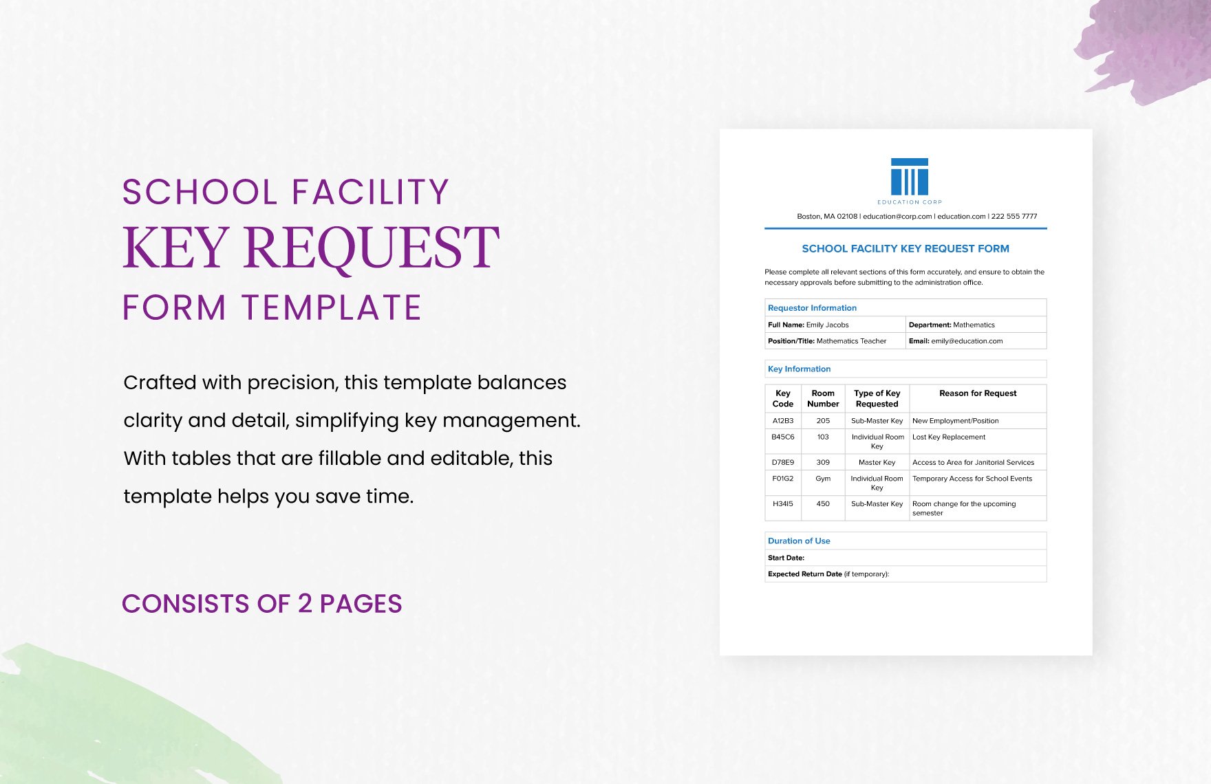 School Facility Key Request Form Template