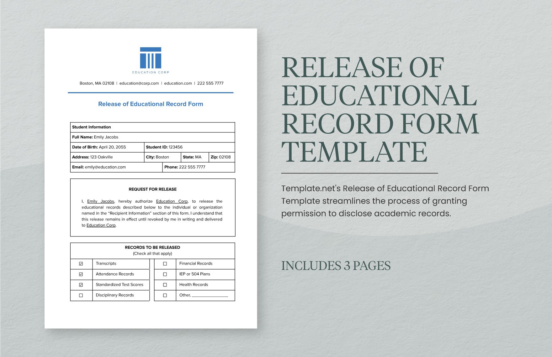 Release of Educational Record Form Template in Word, Google Docs, PDF