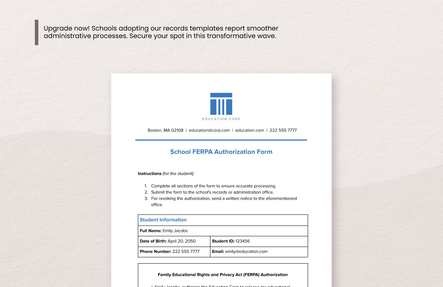 School FERPA Authorization Form Template